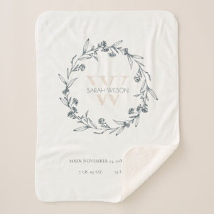 Manta Sherpa Elegante Laurel Floral Wreath Monograma Estadístic
