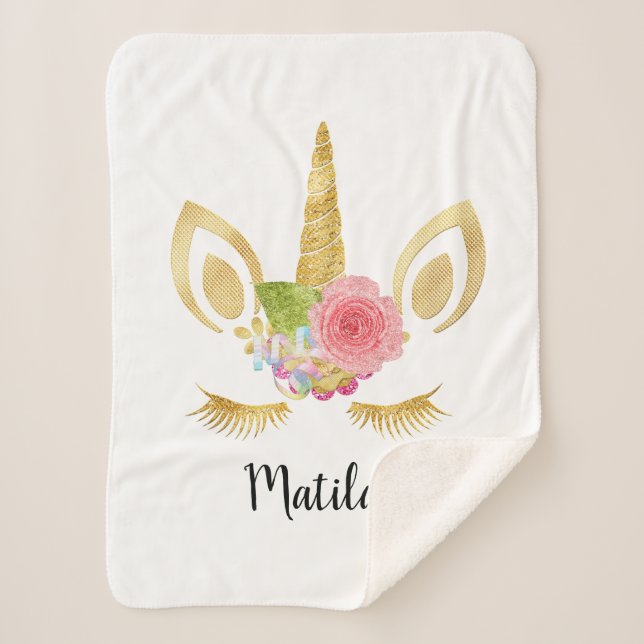 Manta Sherpa Elegante lindo bonito floral purpurina unicornio (Anverso)