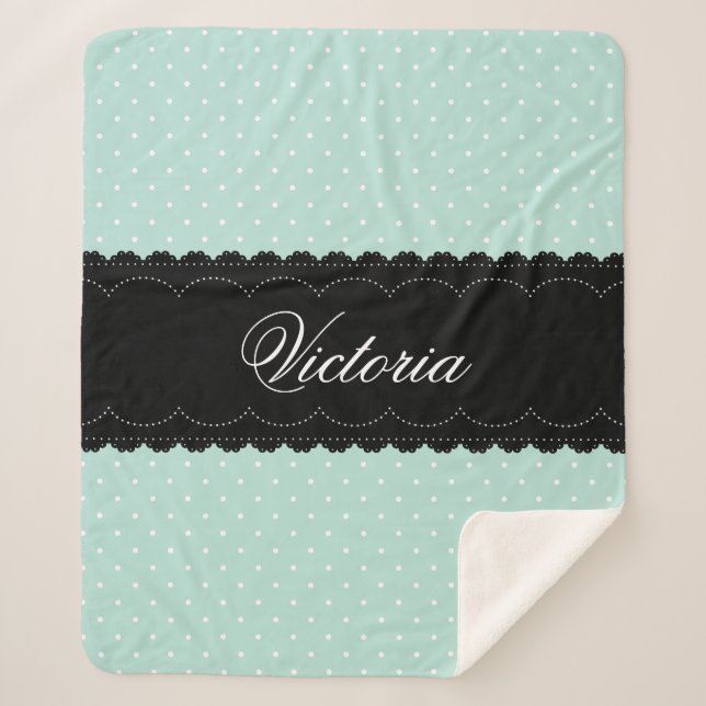 Manta Sherpa Elegante Mint Blue Polka Dot Black Lace Nombre per (Anverso)