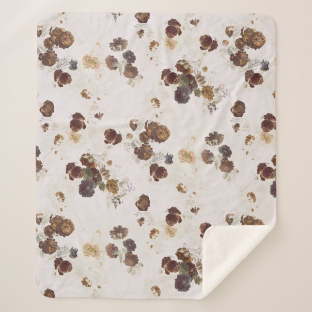 Manta Sherpa Elegante Moda Rosas beiges marrones  Floral Toile (Anverso)