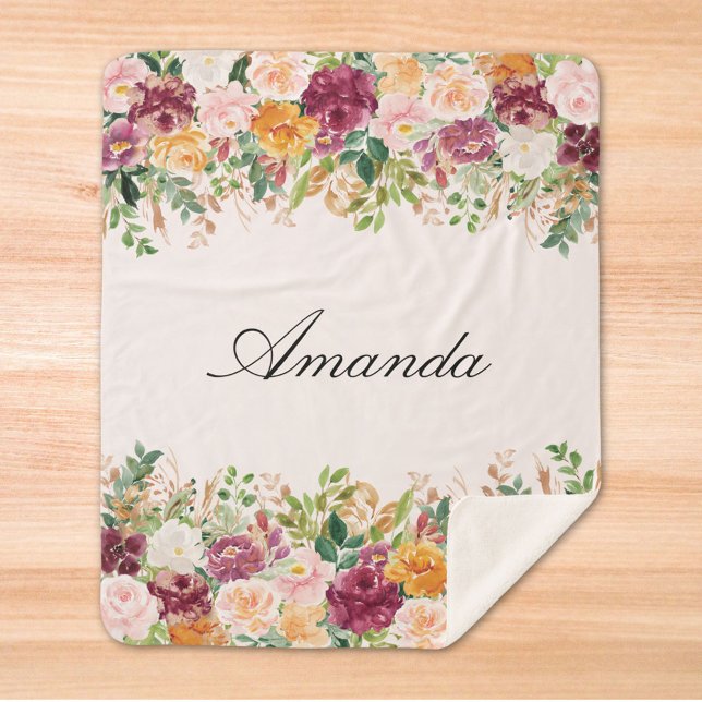 Manta Sherpa Elegante Monograma Acuarela Rosa Jardín Floral (Close up)