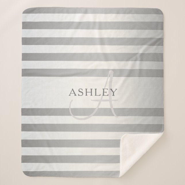 Manta Sherpa Elegante Monograma Faux Plata Gradiente Rayas Gris (Anverso)