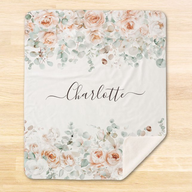Manta Sherpa Elegante Monograma Rústico Rosa Vegetación Floral (In situ)