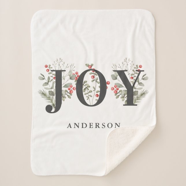 Manta Sherpa Elegante Navidad de Invierno Greenery JOY (Anverso)