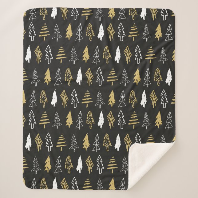 Manta Sherpa Elegante patrón de árbol de navidad de oro negro (Anverso)