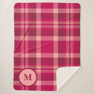 Manta Sherpa Elegante patrón de tartán rojo rosa Monograma