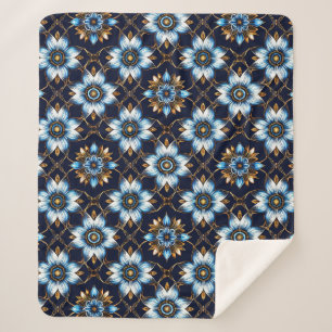 Manta Sherpa Elegante patrón floral azul y dorado