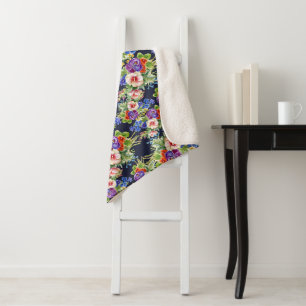 Manta Sherpa Elegante Patrón Floral Foliage azul amarillo rosad