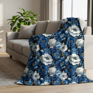 Manta Sherpa Elegante Velo de Fleece Azul con Flores de Marfil
