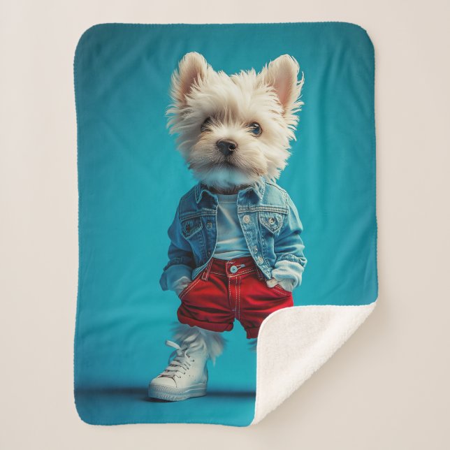 Manta Sherpa Elegante Westin Pup en Denim y Sneakers (Anverso)