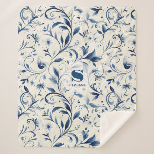 Manta Sherpa Elegantes hojas de paisley azul - fondo blanco (2)
