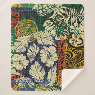 Manta Sherpa Elementos tribales hawaianos y parche de tela hibi