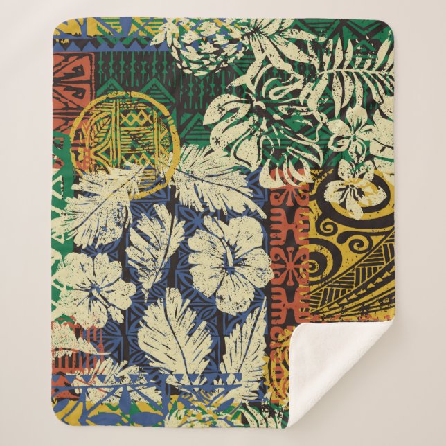 Manta Sherpa Elementos tribales hawaianos y parche de tela hibi (Anverso)