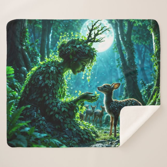 Manta Sherpa Enchanted nature guardian feeding a baby fawn (Anverso (horizontal))