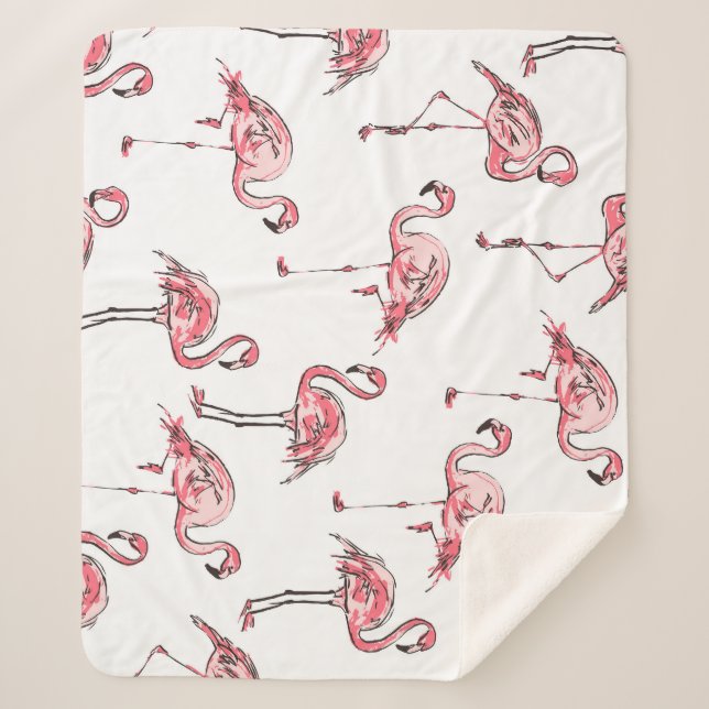 Manta Sherpa Esbozo Flamingo: Patrón Vintage tropical. (Anverso)