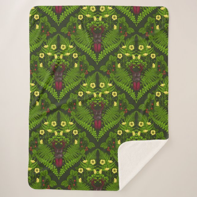 Manta Sherpa Escarabajo y helechos, hojas verdes (Anverso)