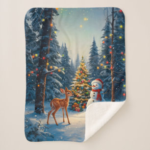Manta Sherpa Escena De Árbol De Navidad Cute Deer Fawn Snowman
