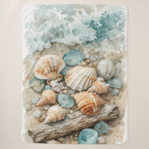 Manta Sherpa Escena de conchas de mar costeras en acuarela de m