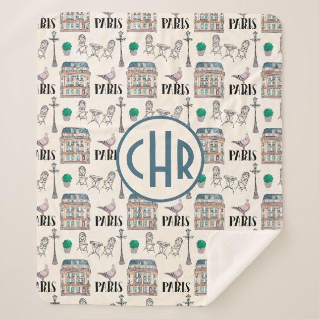 Manta Sherpa Escena de la calle Cute Paris | Monograma acuarela (Anverso)