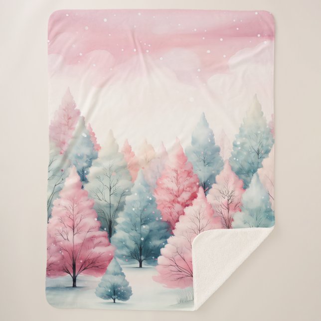 Manta Sherpa Escena invernal de árboles de aves marinas y rosas (Anverso)