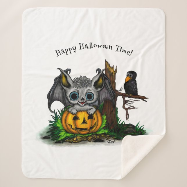 Manta Sherpa Esperando Halloween , Cute Bat y Raven (Anverso)