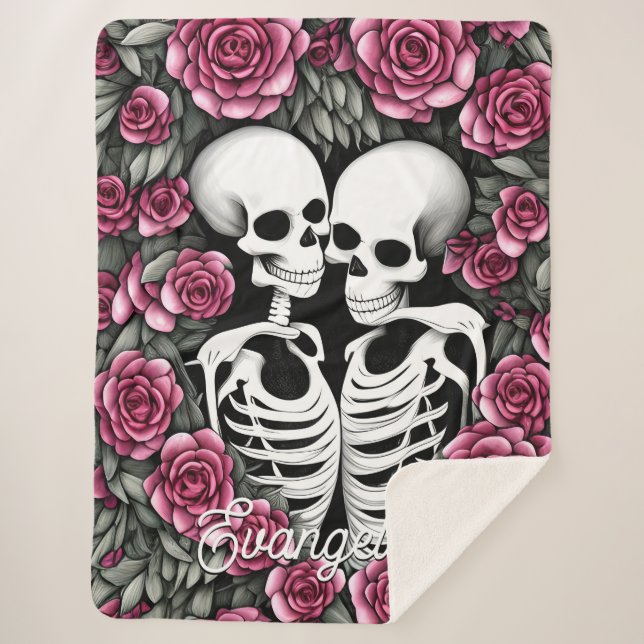 Manta Sherpa Esqueletos de besos de fantasía con flores (Anverso)