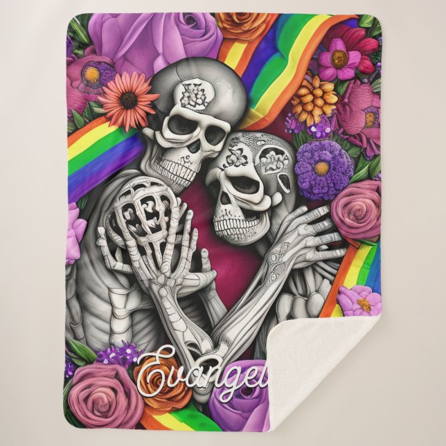Manta Sherpa Esqueletos florales góticos del arcoiris LGBTQ (Anverso)