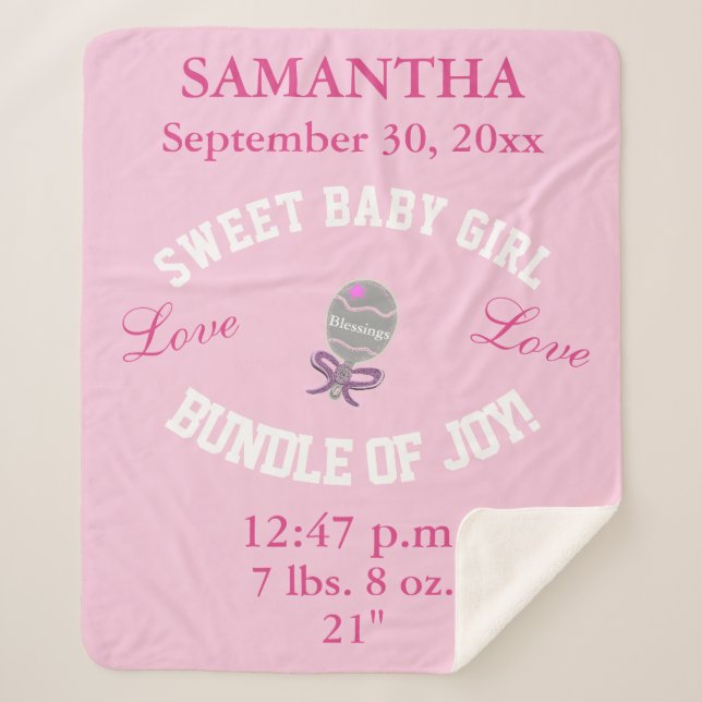 Manta Sherpa Estadísticas de natalidad de bebé rosada Rosa (Anverso)