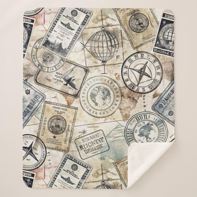 Manta Sherpa Estampado de sello de pasaporte rústico de viaje ( (Anverso)