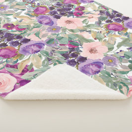 Manta Sherpa Estilo boho floral acuarela rosa púrpura elegante
