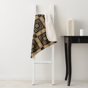 Manta Sherpa Estilo Patrón Geométrico Art Déco Negro y Dorado