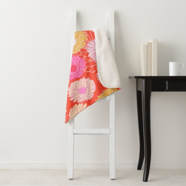 Manta Sherpa Estilo Retro Dahlia Patrón floral Rojo Rosa (In situ)