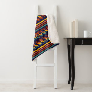 Manta Sherpa Estilo Retro de los 70 Navy y Mostaza Boho Chevron