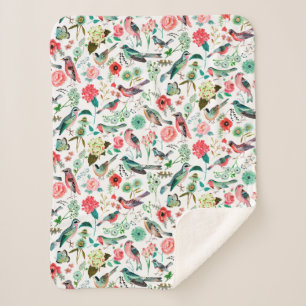 Manta Sherpa Estiloso Pink en Green Flores y Aves