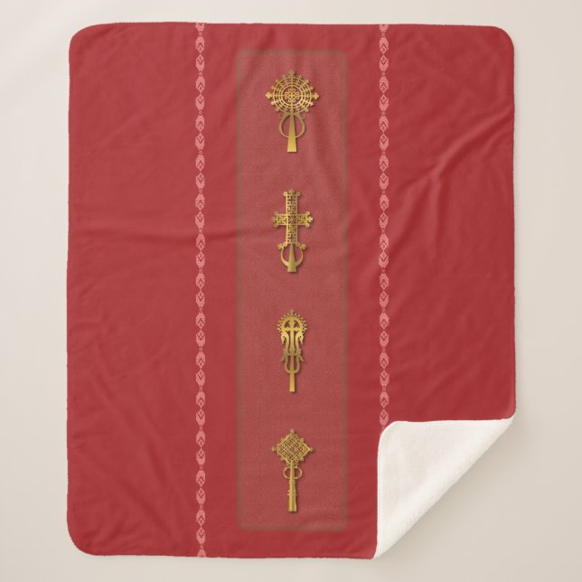 Manta Sherpa Ethiopian Orthodox Crosses – Gold on Red (Anverso)