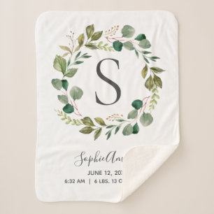 Manta Sherpa Eucalyptus Leafy Wreath Baby Monograma Estadística