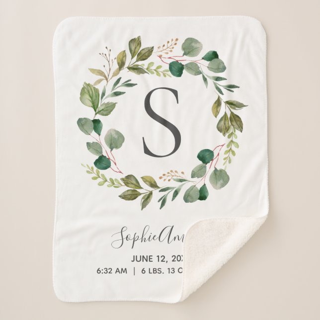 Manta Sherpa Eucalyptus Leafy Wreath Baby Monograma Estadística (Anverso)