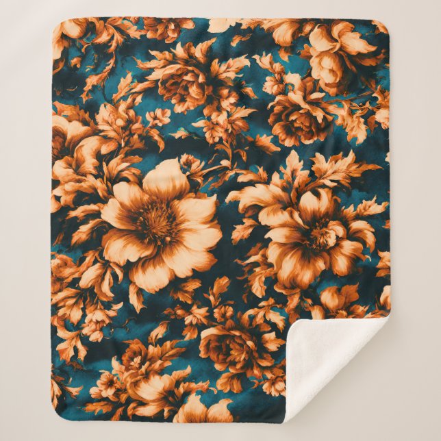 Manta Sherpa Exquisitas y lujosas flores doradas, hojas en azul (Anverso)