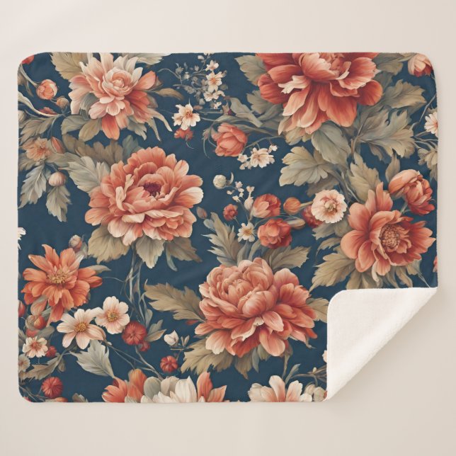 Manta Sherpa Exquisitos Rosas, hojas y flores de Naranja retro (Anverso (horizontal))