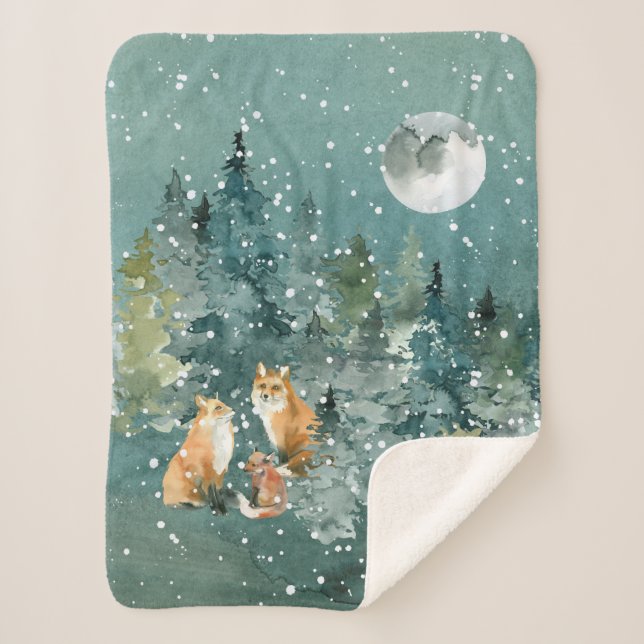 Manta Sherpa Familia Fox en la nieve de la luna llena de bosque (Anverso)