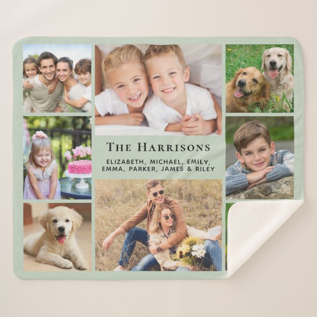 Manta Sherpa Familia Monograma 8 Collage de fotos Sage Green (Anverso (horizontal))