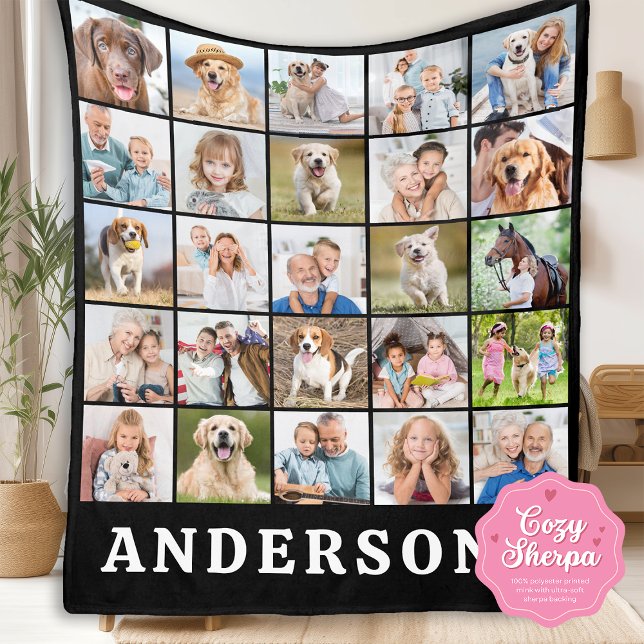 Manta Sherpa Family 25 Photo Collage Personalized Name Black (Subido por el creador)