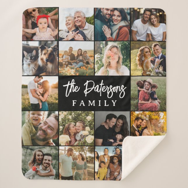 Manta Sherpa Family Name 18 Photo Collage Modern Elegant Black (Anverso)