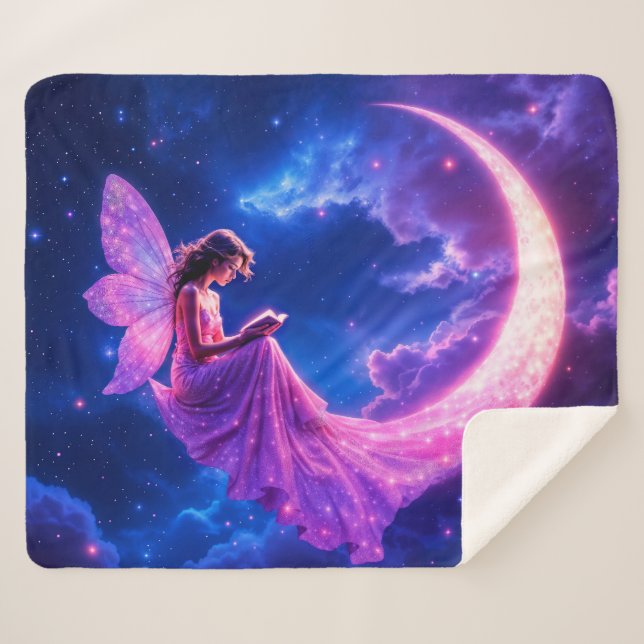 Manta Sherpa Fantasía de hadas rosadas purpurina luna de neón (Anverso (horizontal))