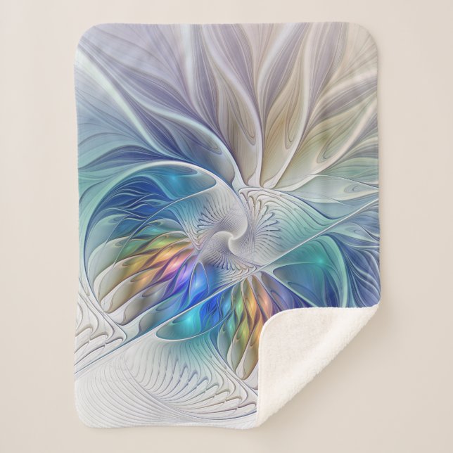 Manta Sherpa Fantasía floral, colorido abstracto flor fractal (Anverso)