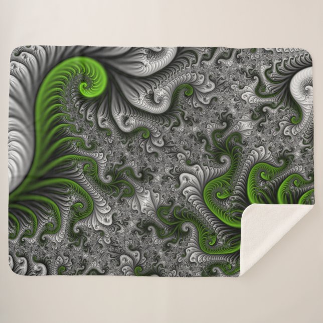 Manta Sherpa Fantasía Mundo Arte Fractal Verde Y Gris Resumen (Anverso (horizontal))