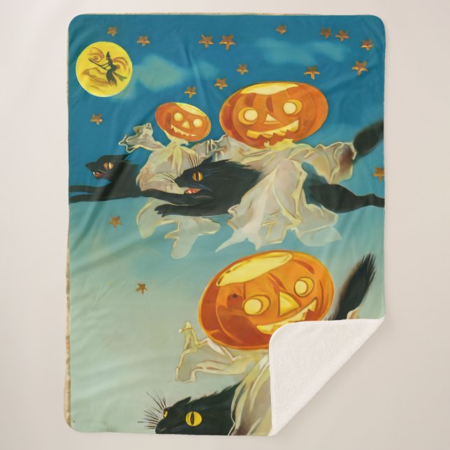 Manta Sherpa Fantasmas de calabaza de Halloween y gatos negros (Anverso)