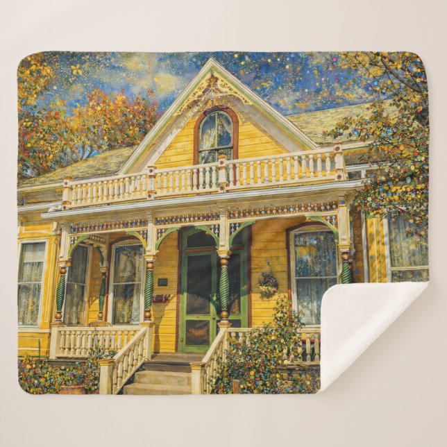 Manta Sherpa Fantasy Yellow Victorian House (Anverso (horizontal))