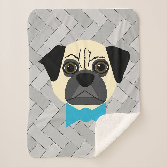 Manta Sherpa Fawn Pug with bowtie, Herringbone grey  (Anverso)