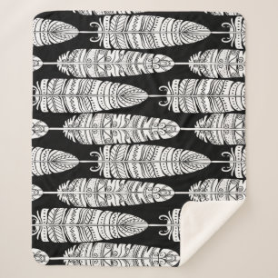 Manta Sherpa Feathers boho: patrón blanco y negro